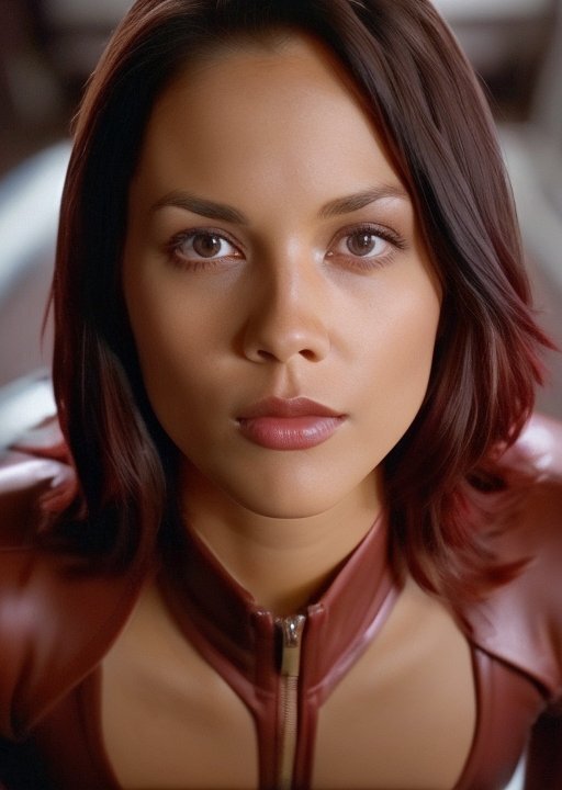 01075-3965820753-, Lex Doig from the andromeda series, 25 years old, 2000, in a red leather suit, black socks on a low platform, full-grown, dark.jpg
